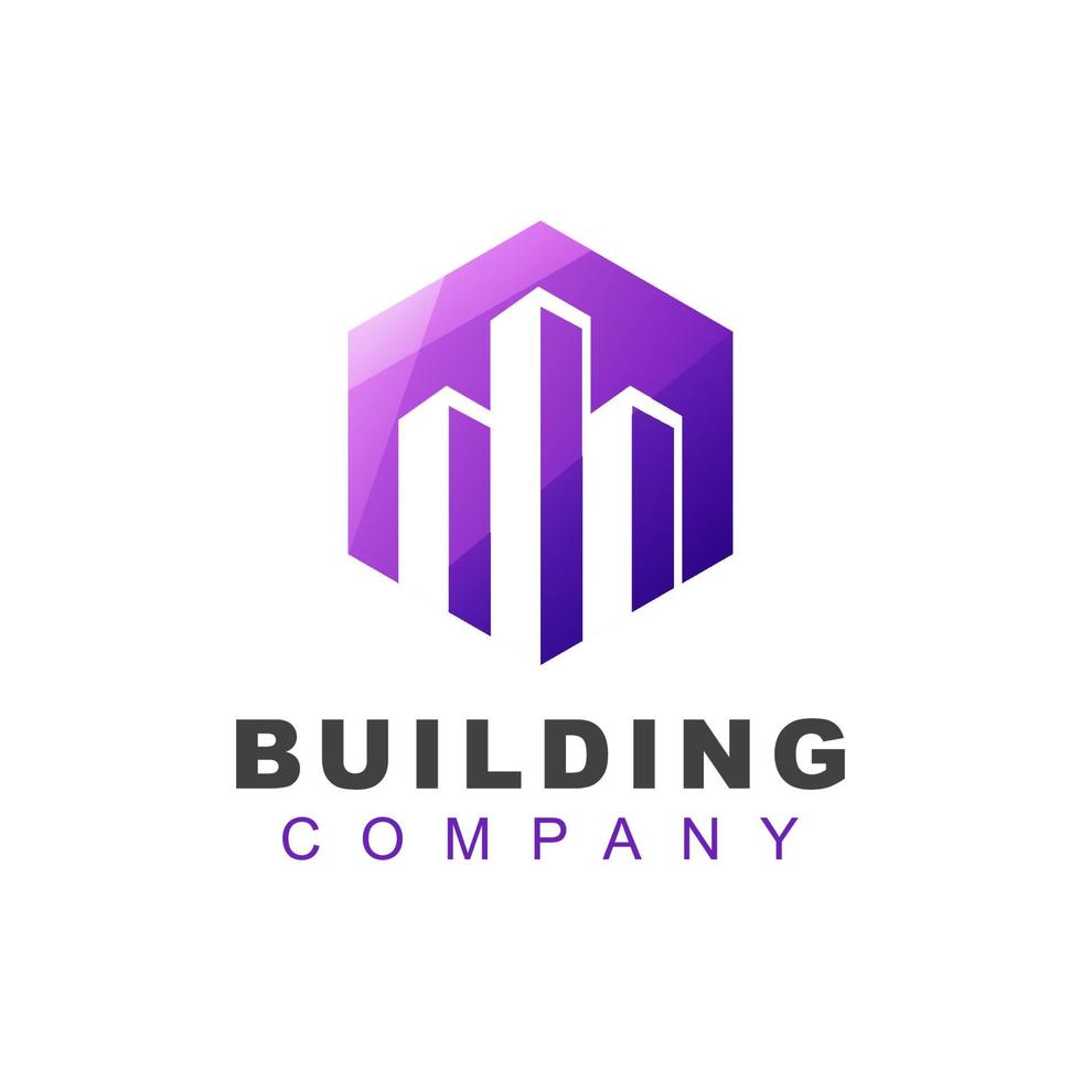 modern hexagon building, real estate, apartment gradient logo template vector