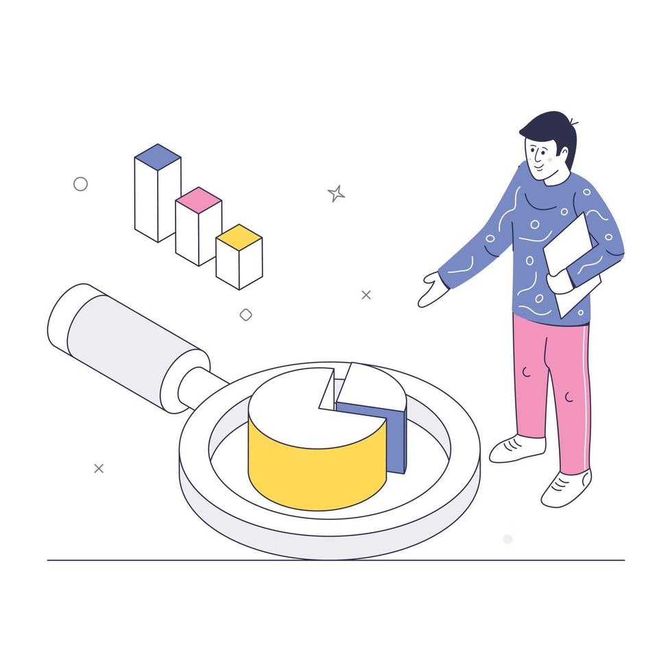 Pie chart and magnifier, concept of data analysis isometric illustration vector