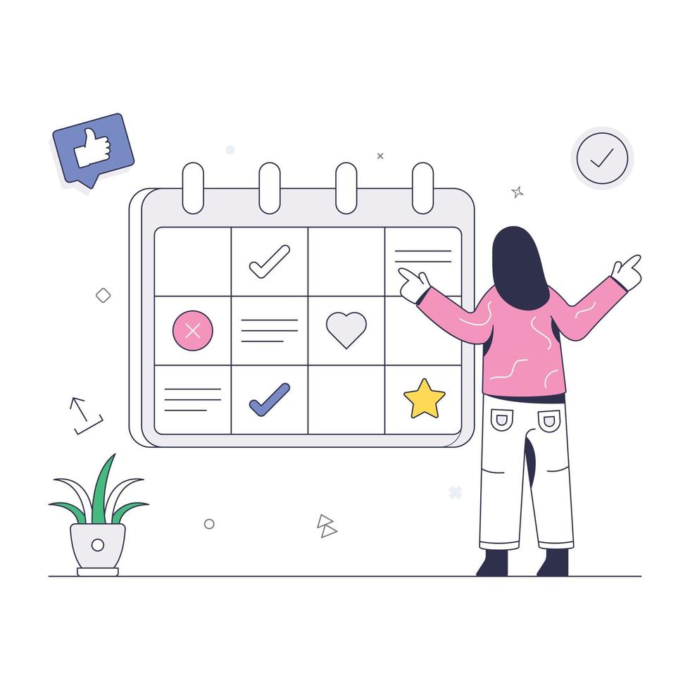 Person working on schedule planning, a flat illustration with editable facility vector