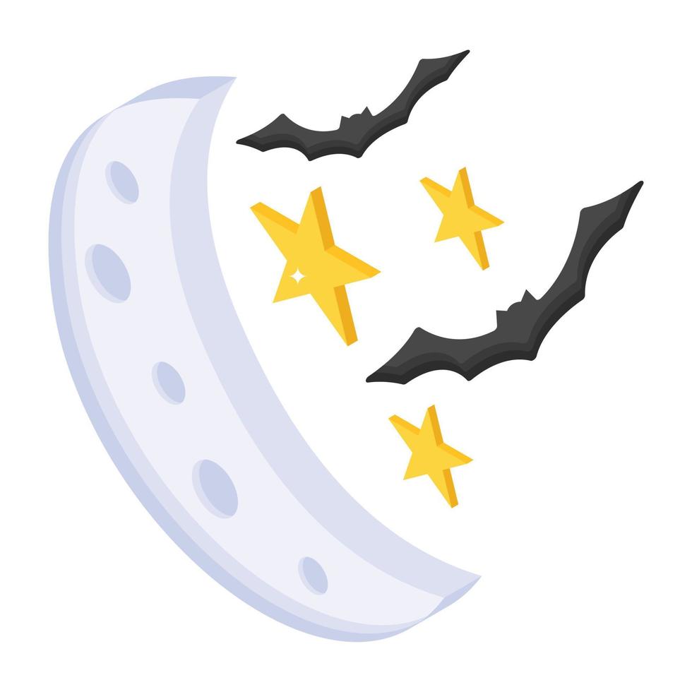 Moon, stars, and bats showing the scene of scary night, isometric icon vector