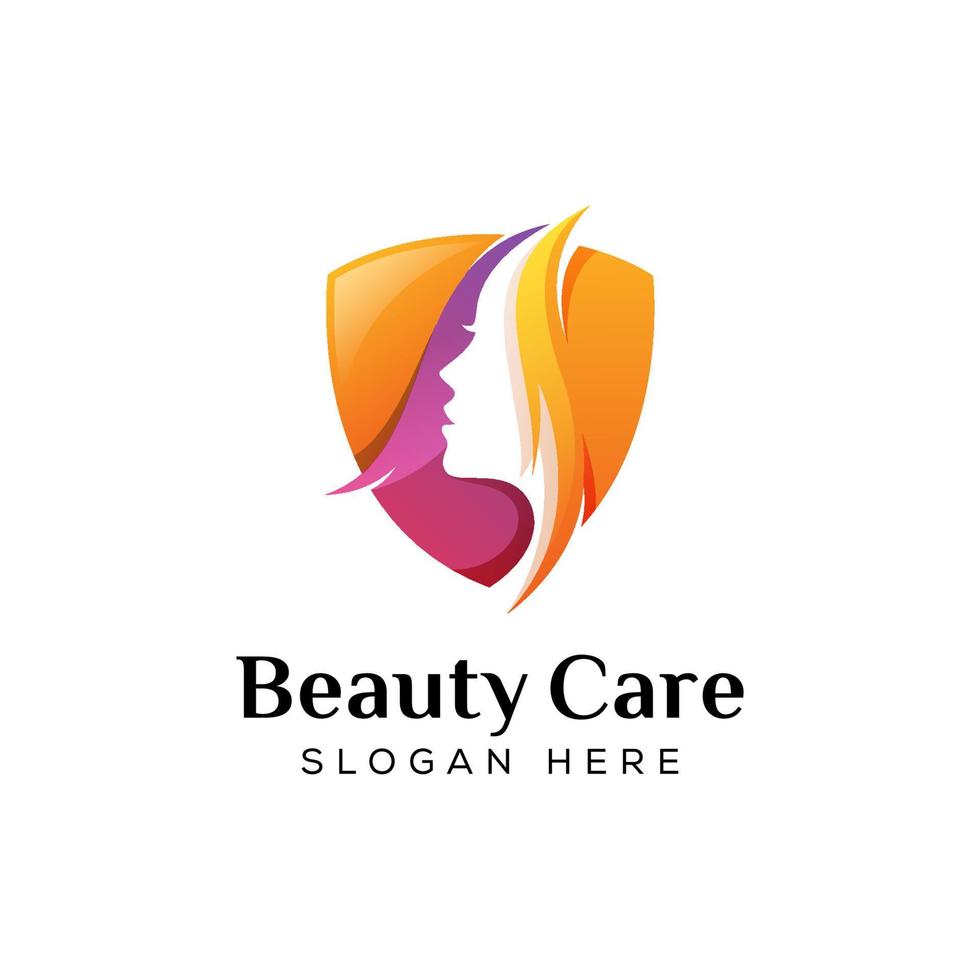 modern color beauty care or beauty salon logo, woman shield design vector template