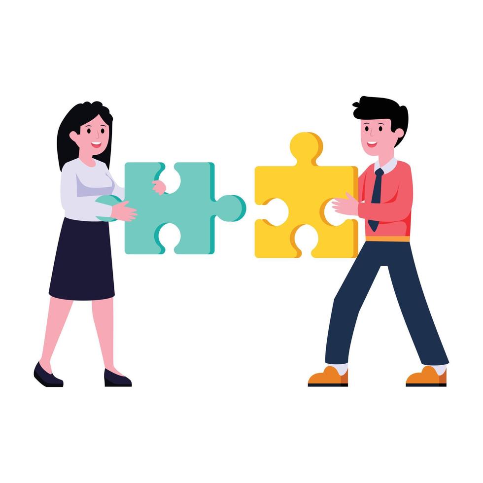 Persons holding jigsaw pieces, concept of problem solution flat illustration vector