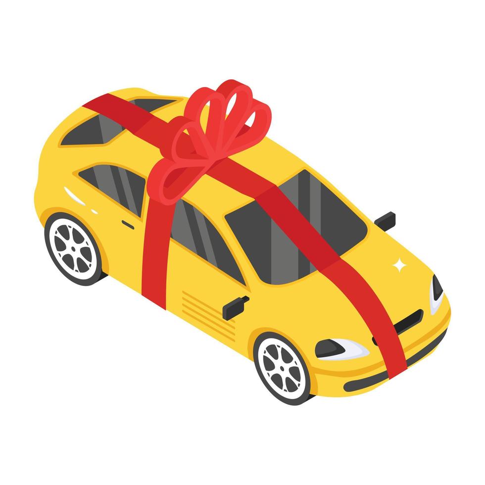 Car wrapped beautifully with ribbon, isometric icon of car gift vector