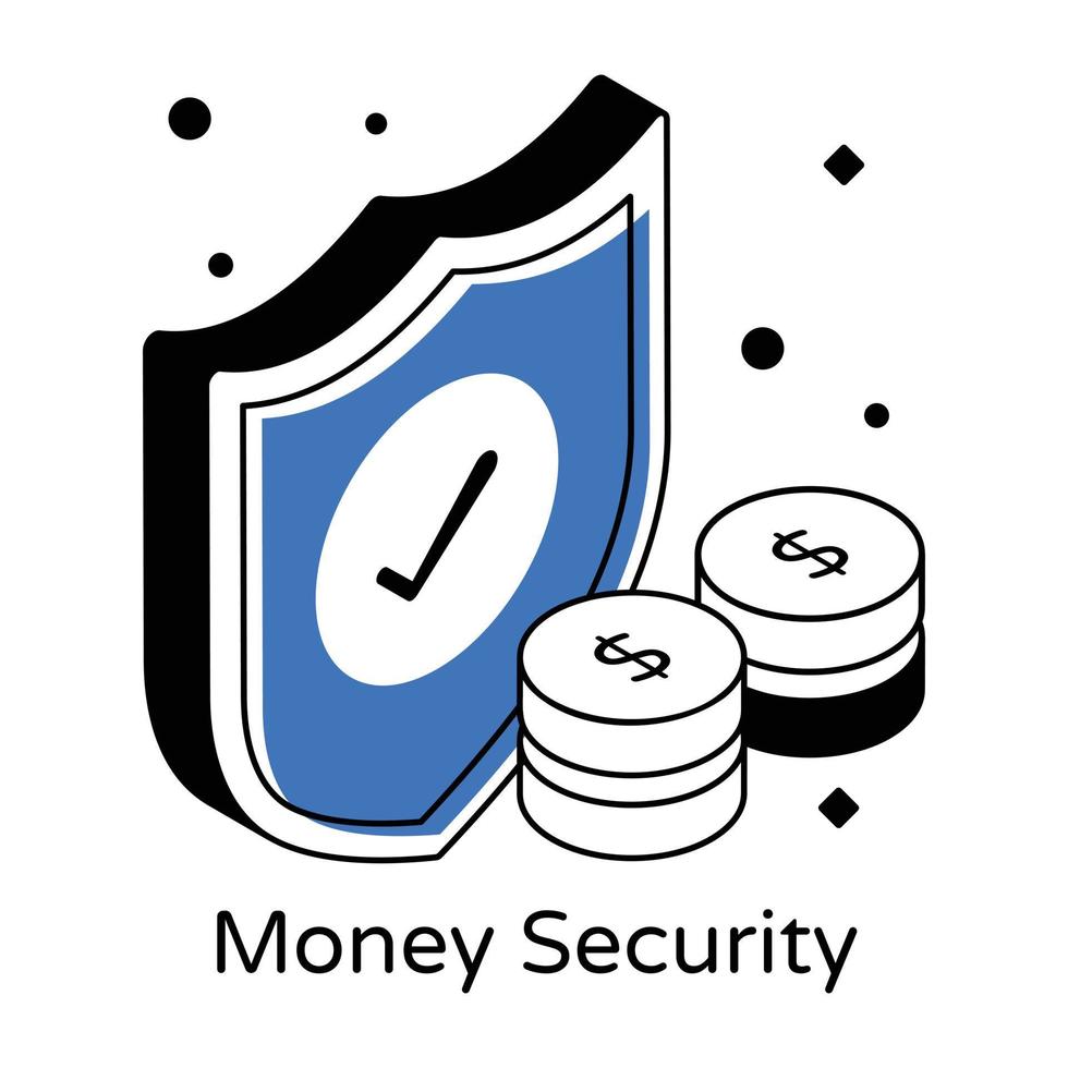 Shield with coins, isometric icon of money security vector