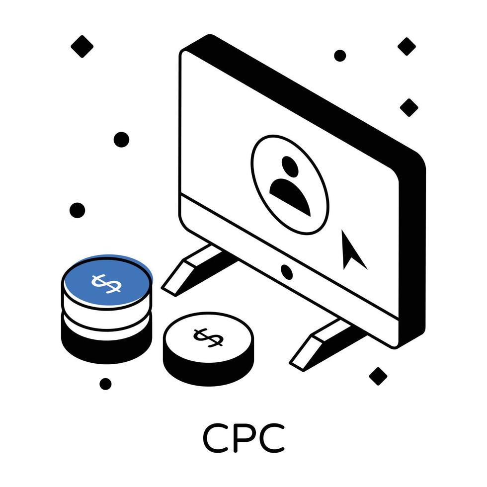 costo por clic, icono isométrico de cpc vector