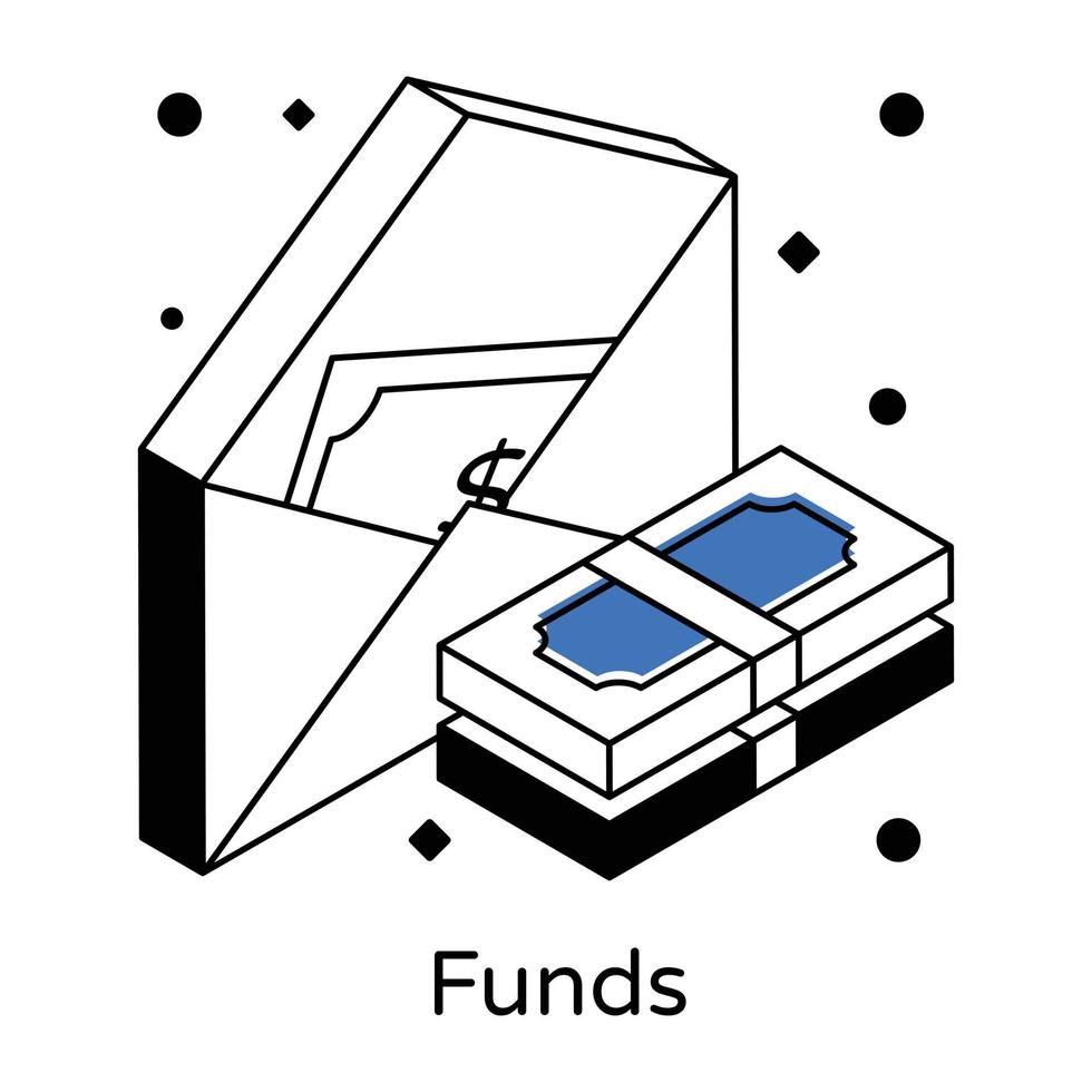 sobre de efectivo que denota fondos en sobre, vector isométrico