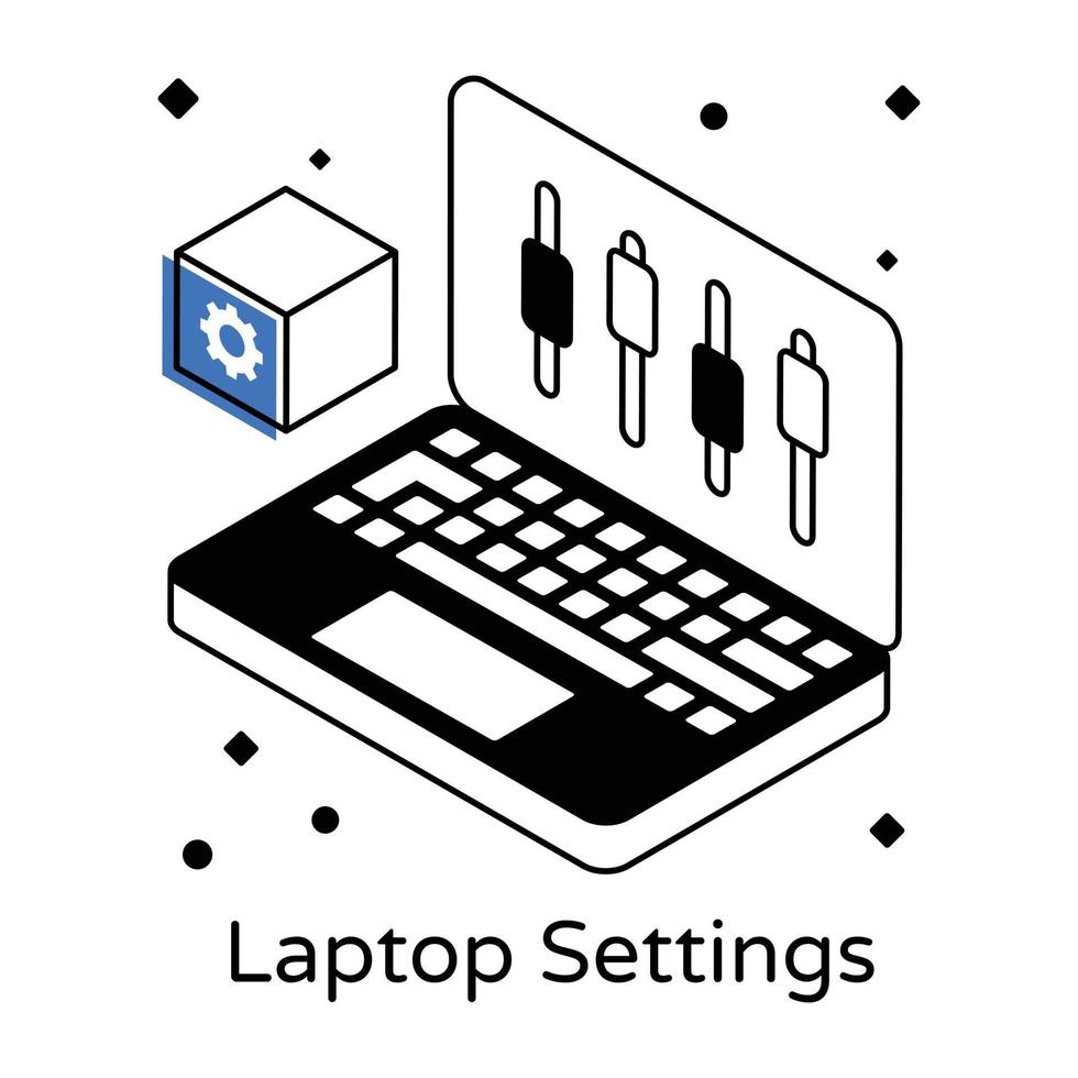 vector isométrico de la configuración de la computadora portátil, controles deslizantes dentro de la computadora portátil