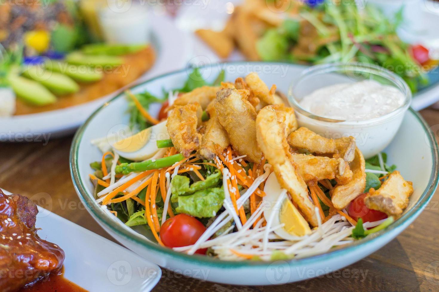 Mushroom tempura salad contains deep fried King oyster mushroom crispy photo