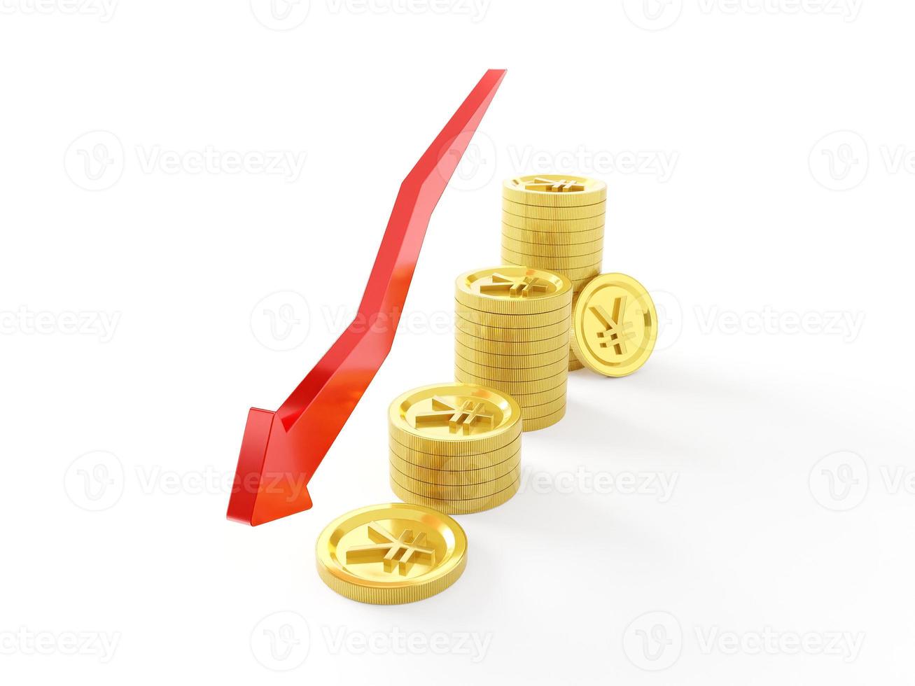 The yen fell to a record low. A red downward arrow floating on a gold coin bearing the Japanese Yen currency symbol. 3D Rendering photo