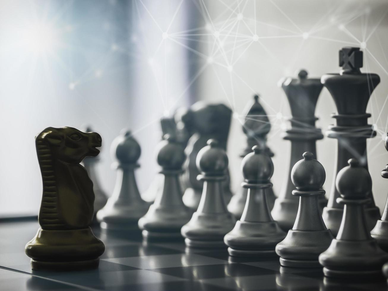 Golden knight chess pieces in front off chess pieces team on chess board with technology network background to play successfully in the competition.Management or leadership strategy concept. photo