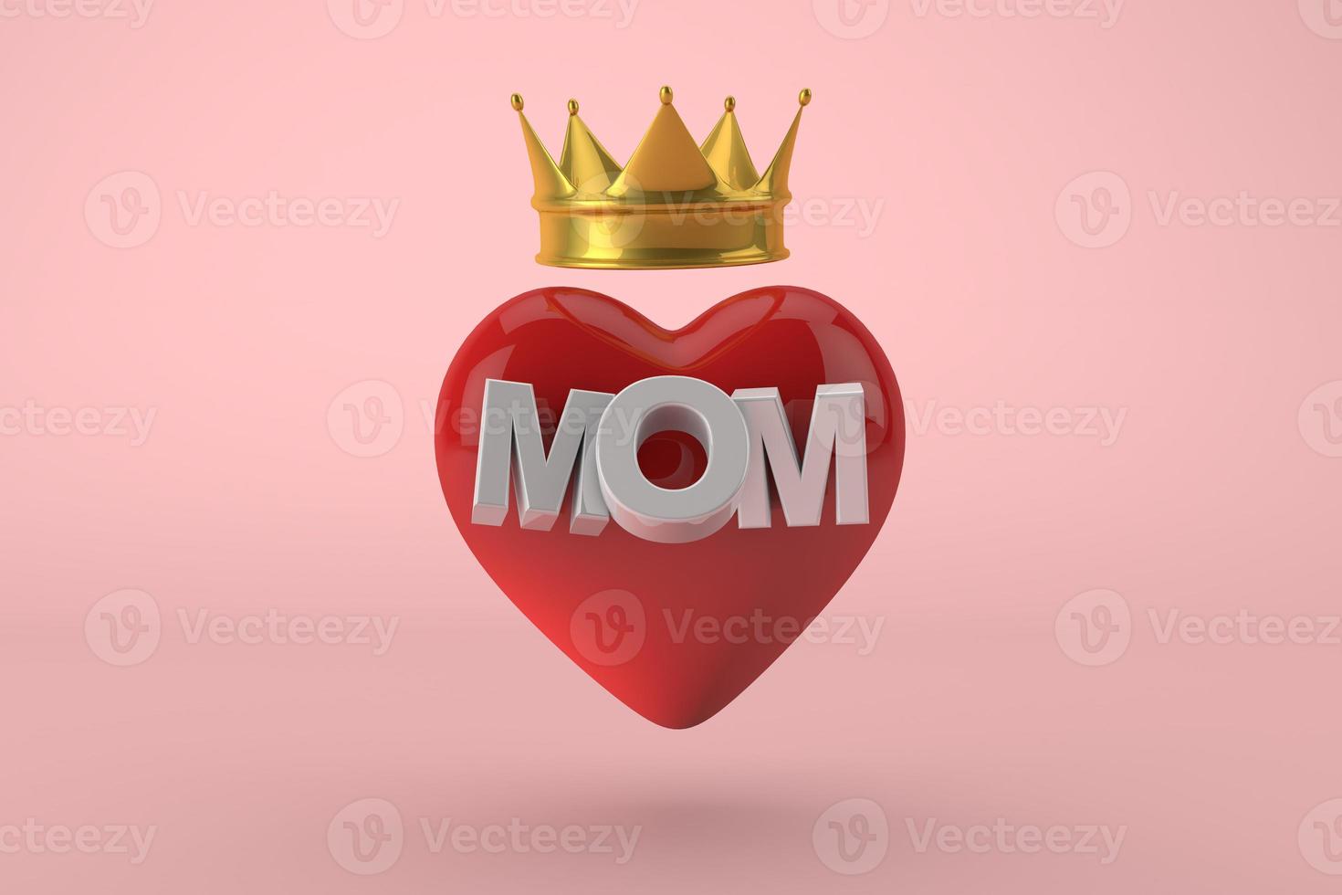 Mothers days. Red heart with text mom with golden crown. The queen of the house, 3D Render photo