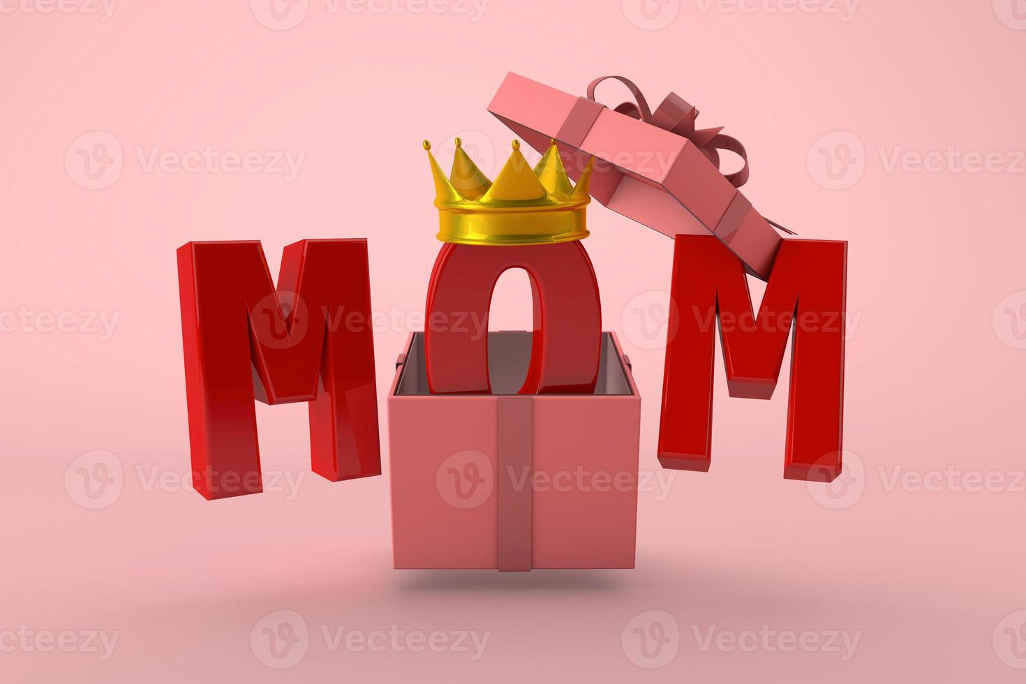Happy Mothers Day. surprise for my mom with pink gift and gold crown. 3D Render photo