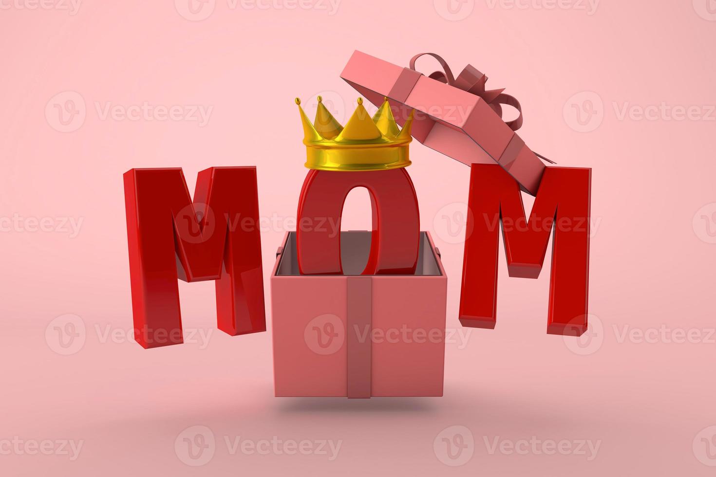 feliz día de la madre. sorpresa para mi mamá con regalo rosa y corona dorada. renderizado 3d foto