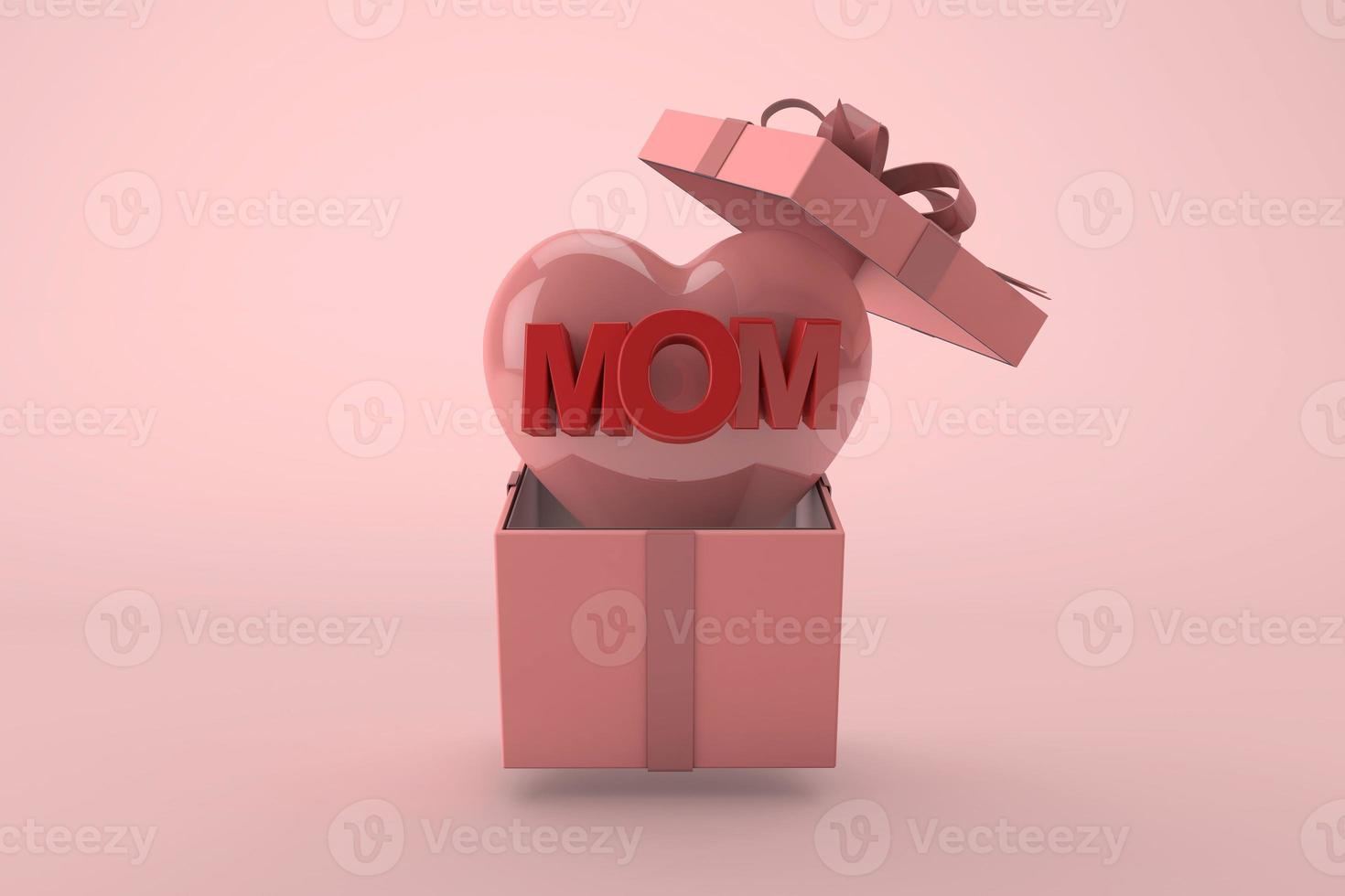 dia de la madre 3d. caja de regalo con corazón rosa y texto de mamá sobre fondo pastel foto