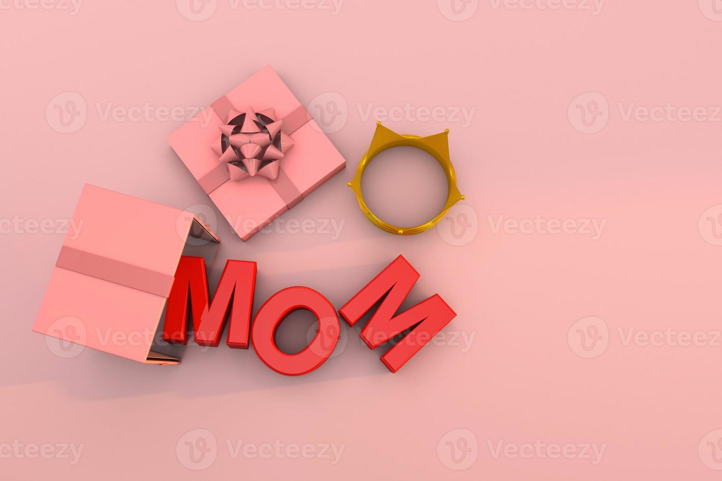 sorpresa para el día de la madre. texto mamá 3d render. una caja de regalo con una corona sobre fondo rosa foto