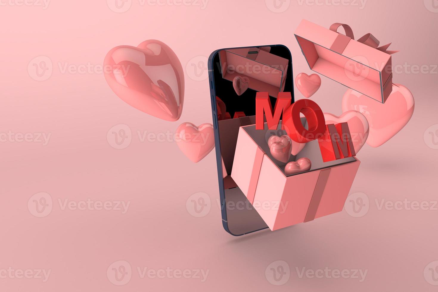 Digital mothers day. Mom text 3d with smartphone and pink hearts on big gift box. 3d render photo