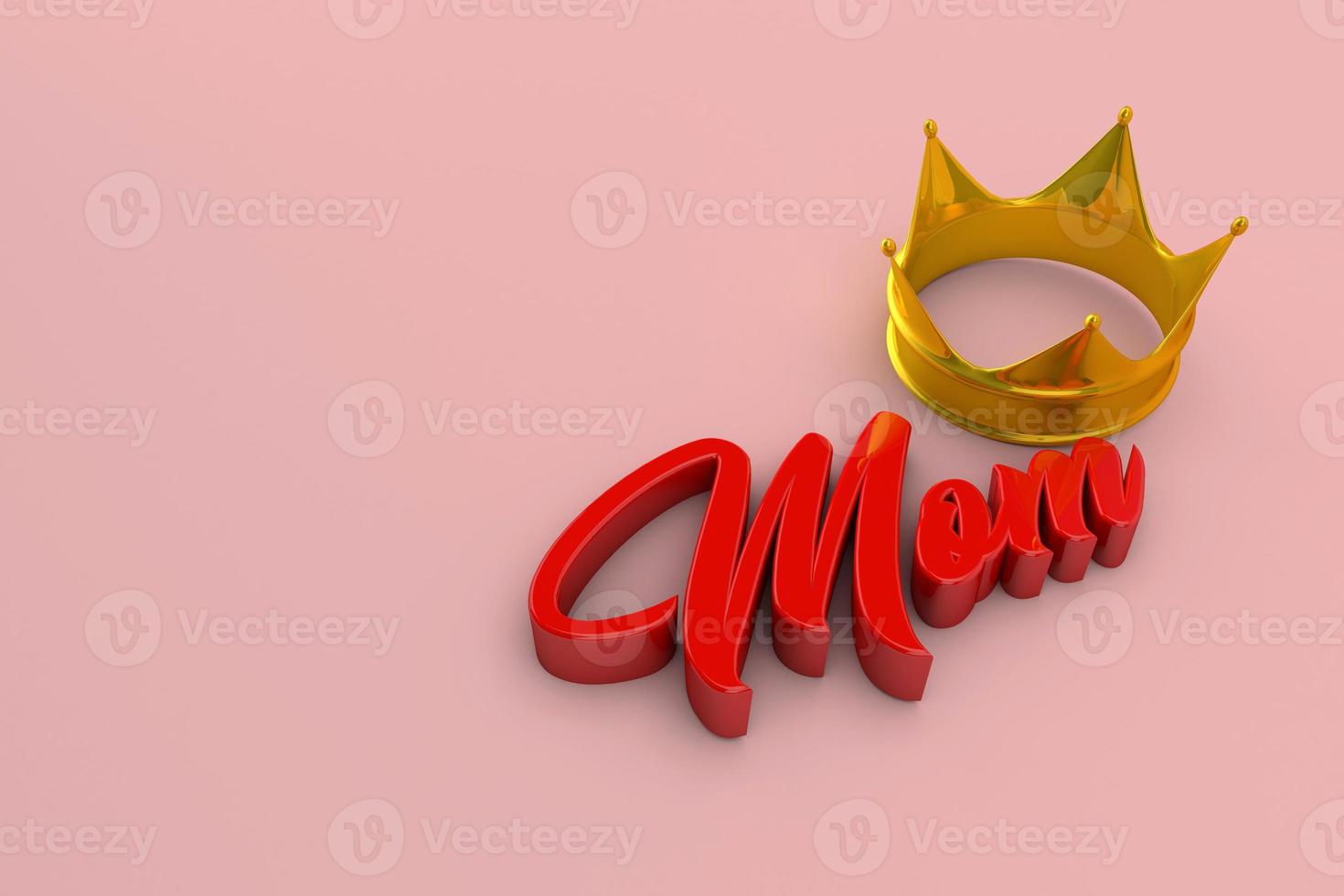 Happy mothers day red mom text and gold crown with pink background. 3D Render photo