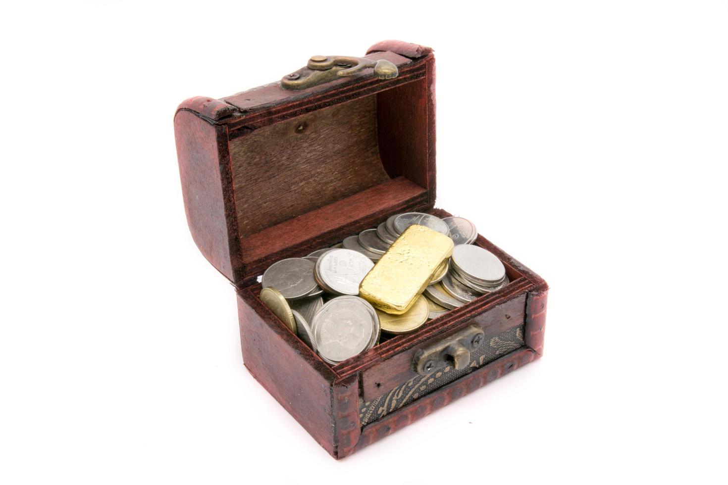 Old wooden chest with golden coins photo