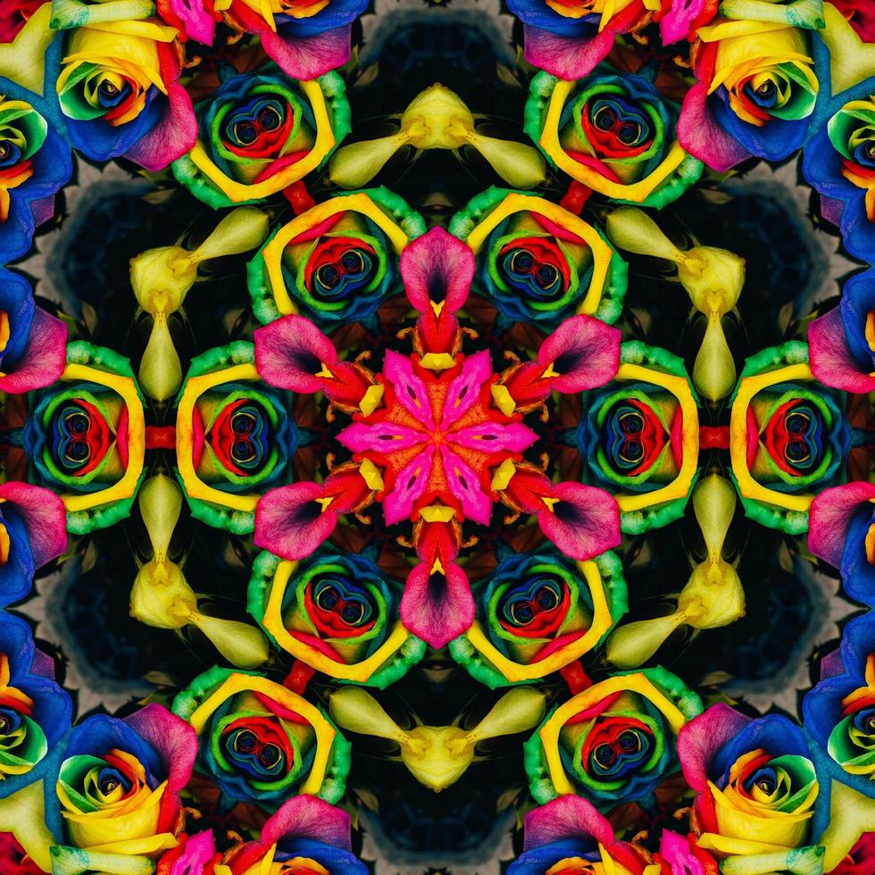 Colorful abstract square background. Kaleidoscope pattern of colorful flowers. Free background. photo