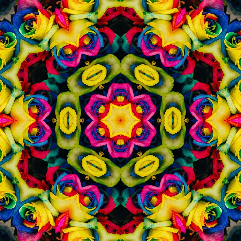Colorful abstract square background. Kaleidoscope pattern of colorful flowers. Free background. photo