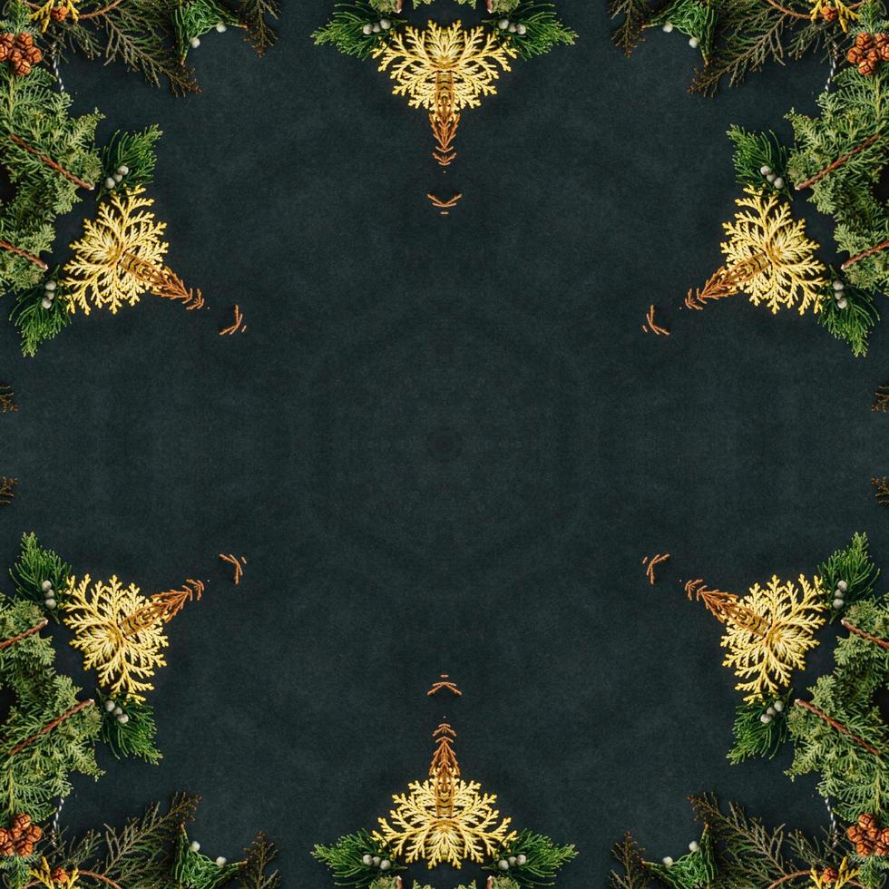 Dark green abstract rectangular background. Spruce kaleidoscope pattern. Free background. photo