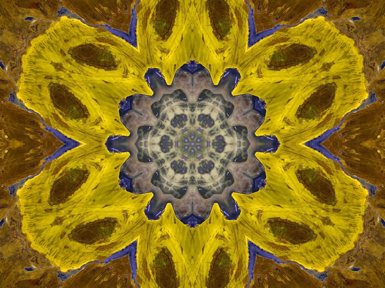 Reflection of colorful flowers in kaleidoscope pattern. Yellow and blue abstract background. Free photo. photo