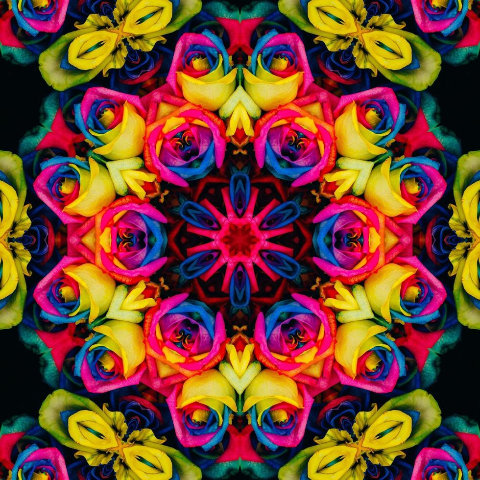 Colorful abstract square background. Kaleidoscope pattern of colorful flowers. Free background. photo