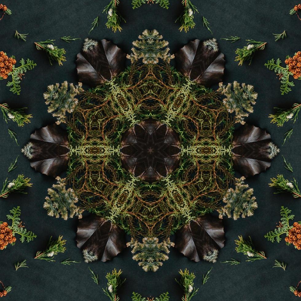 Dark green abstract rectangular background. Spruce kaleidoscope pattern. Free background. photo