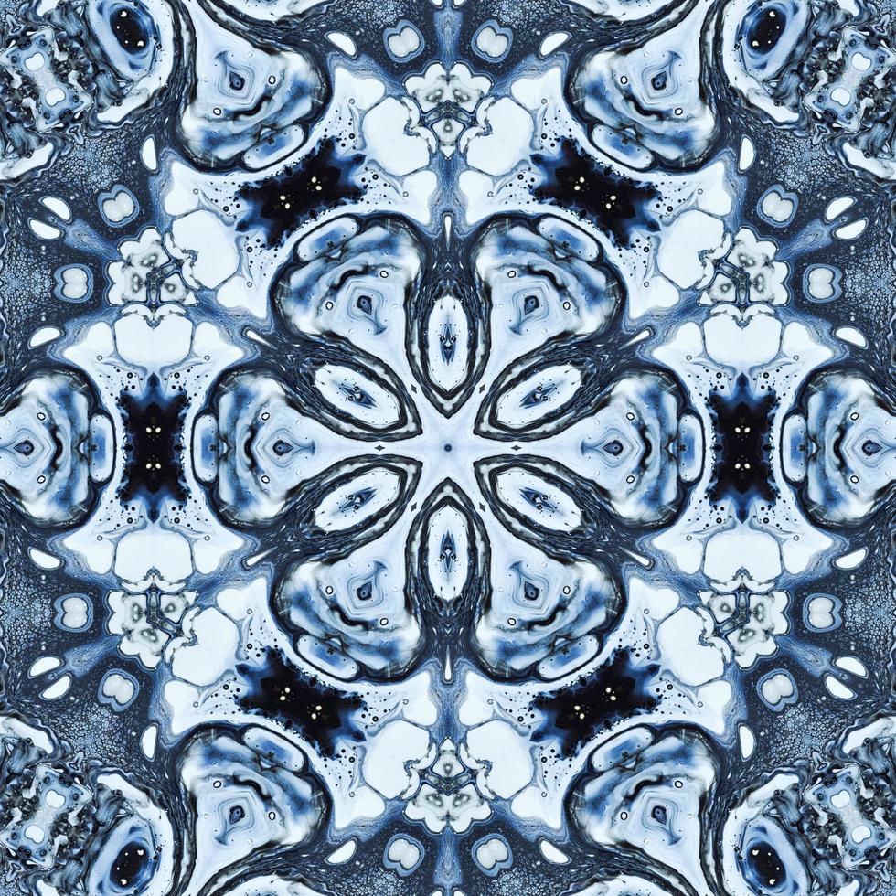 Dark reflection abstract background. Kaleidoscope pattern in black and blue color. Free photo. photo