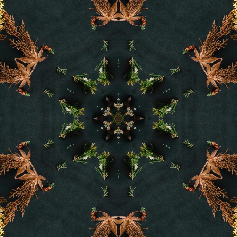 Dark green abstract rectangular background. Spruce kaleidoscope pattern. Free background. photo