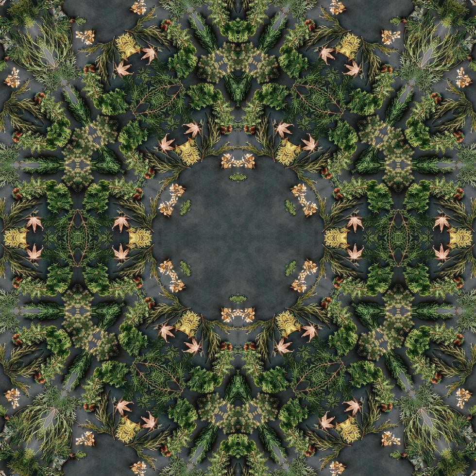 Dark green abstract rectangular background. Spruce kaleidoscope pattern. Free background. photo