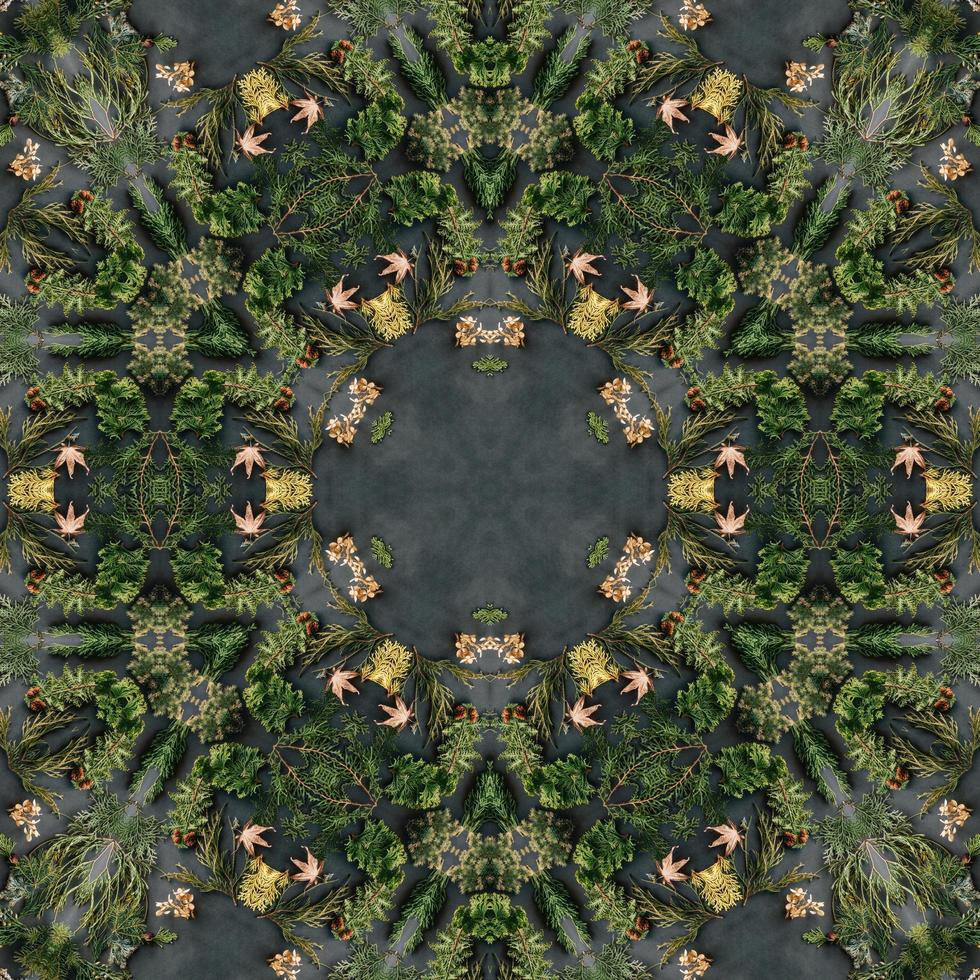 Dark green abstract rectangular background. Spruce kaleidoscope pattern. Free background. photo