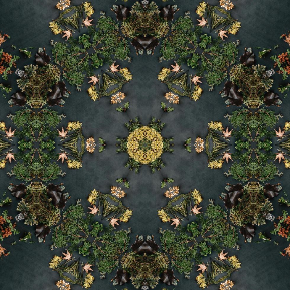Dark green abstract rectangular background. Spruce kaleidoscope pattern. Free background. photo