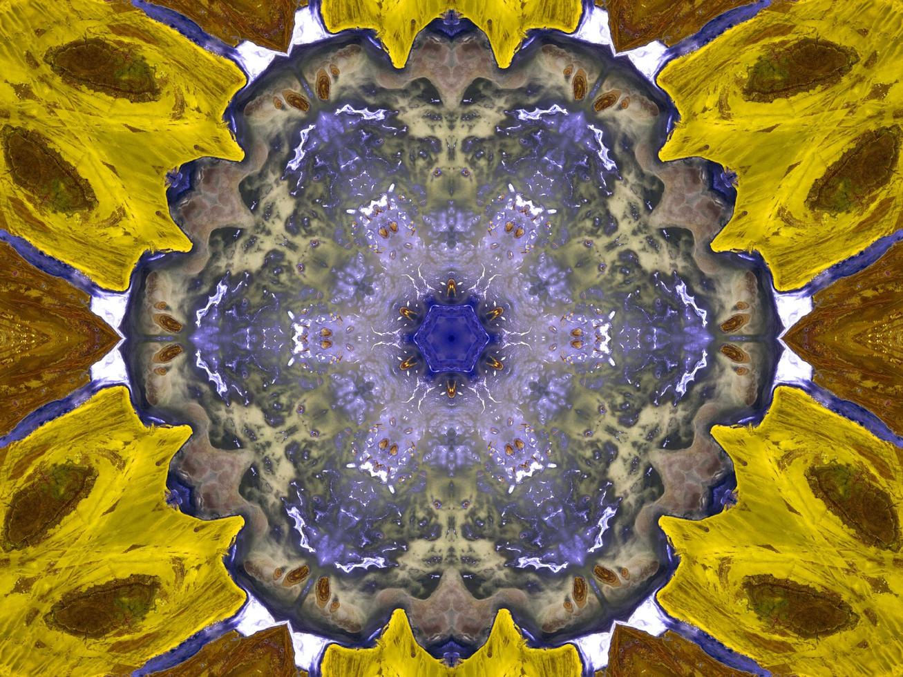 Reflection of colorful flowers in kaleidoscope pattern. Yellow and blue abstract background. Free photo. photo