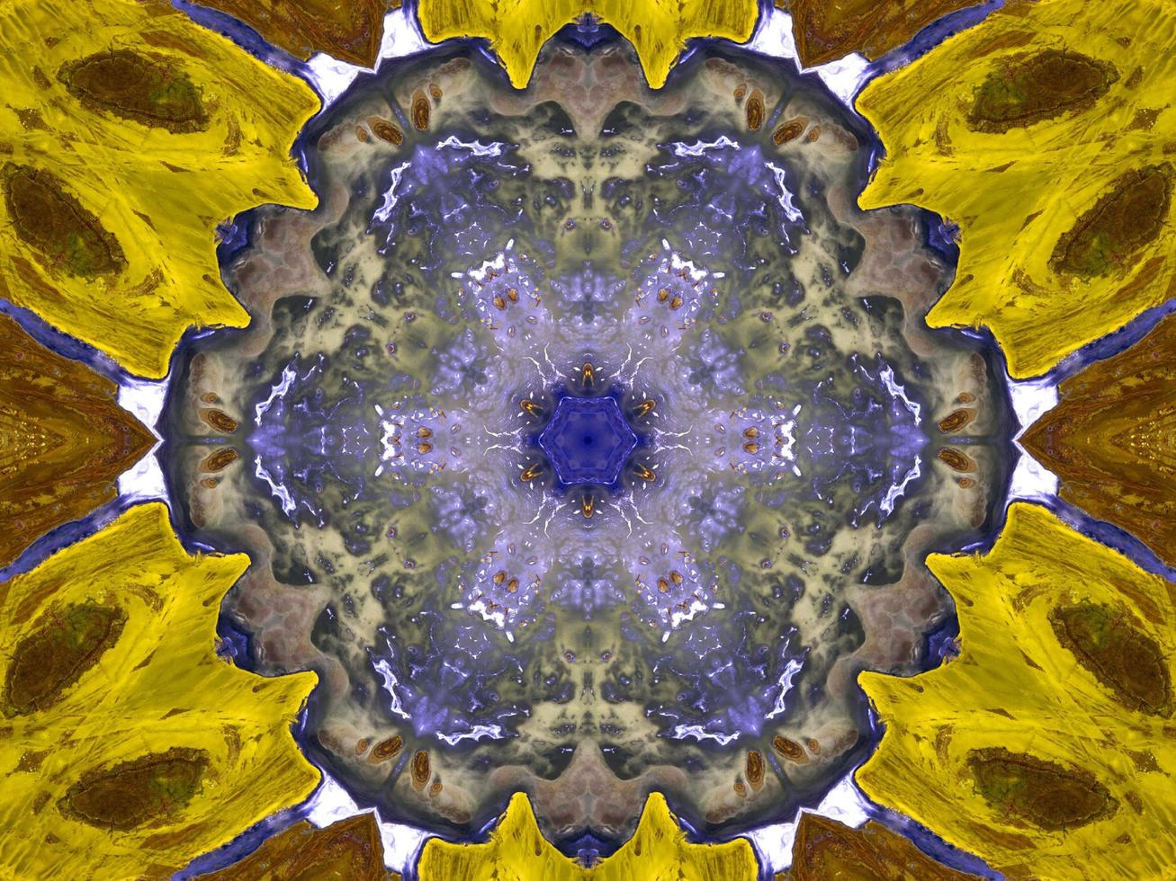 Reflection of colorful flowers in kaleidoscope pattern. Yellow and blue abstract background. Free photo. photo