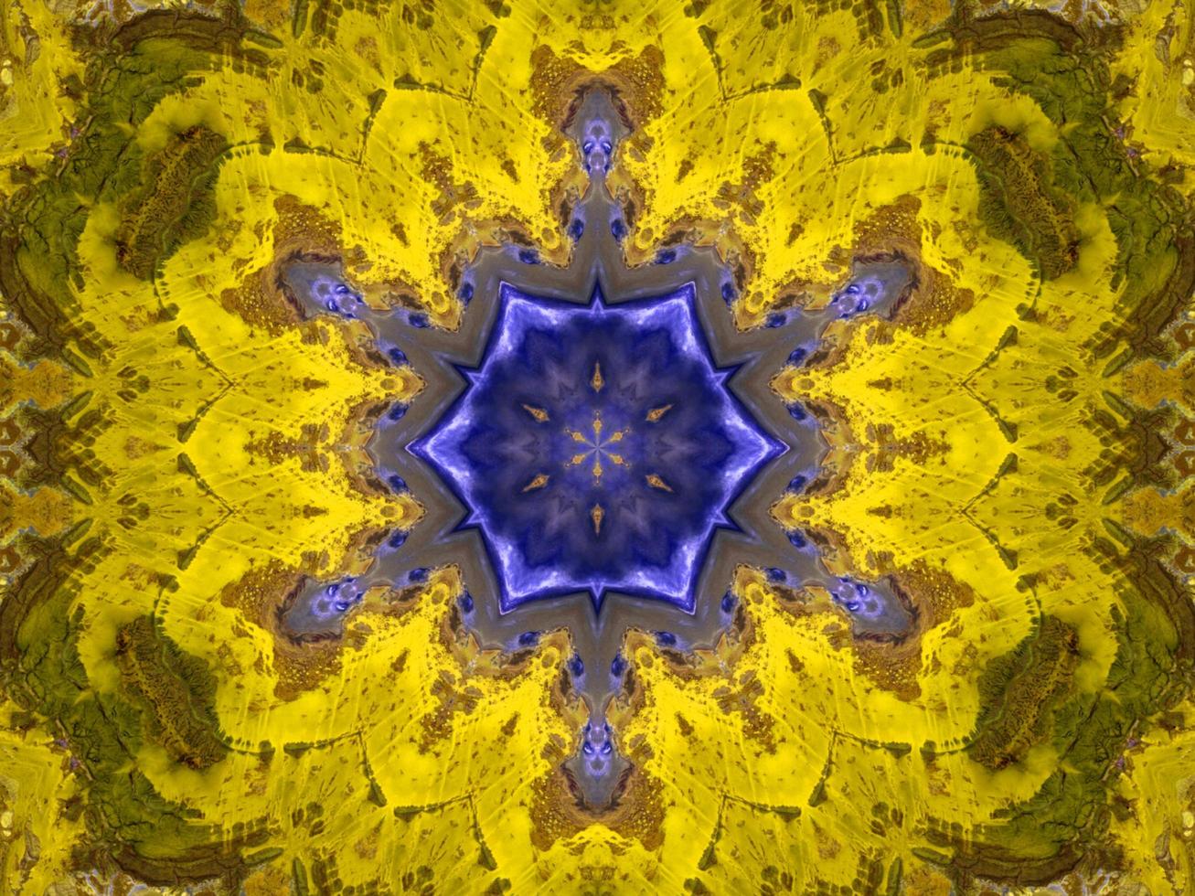 Reflection of colorful flowers in kaleidoscope pattern. Yellow and blue abstract background. Free photo. photo