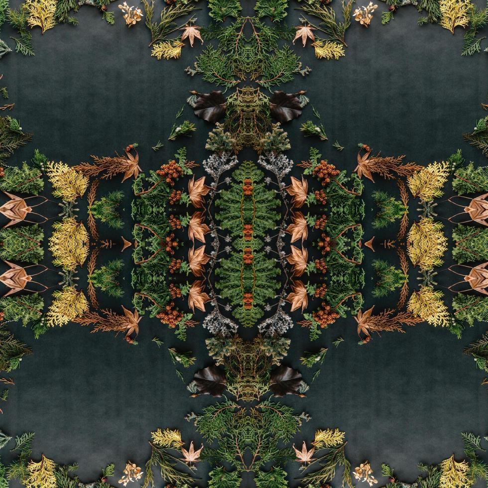 Dark green abstract rectangular background. Spruce kaleidoscope pattern. Free background. photo