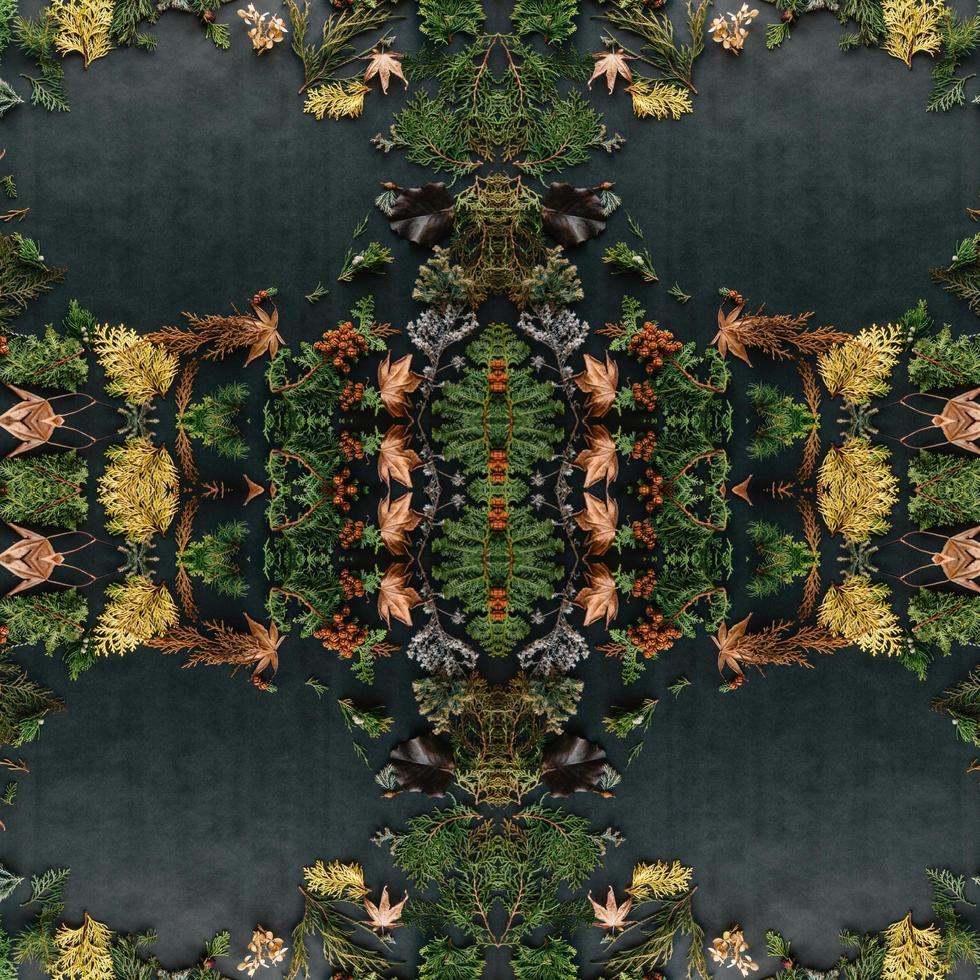 Dark green abstract rectangular background. Spruce kaleidoscope pattern. Free background. photo