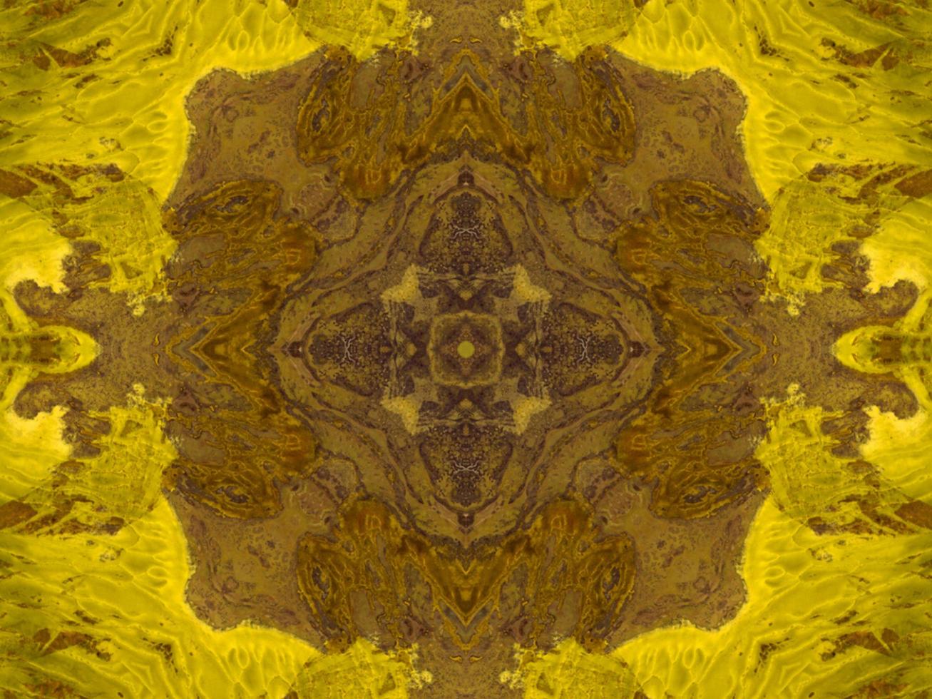 Reflection of colorful flowers in kaleidoscope pattern. Yellow and blue abstract background. Free photo. photo