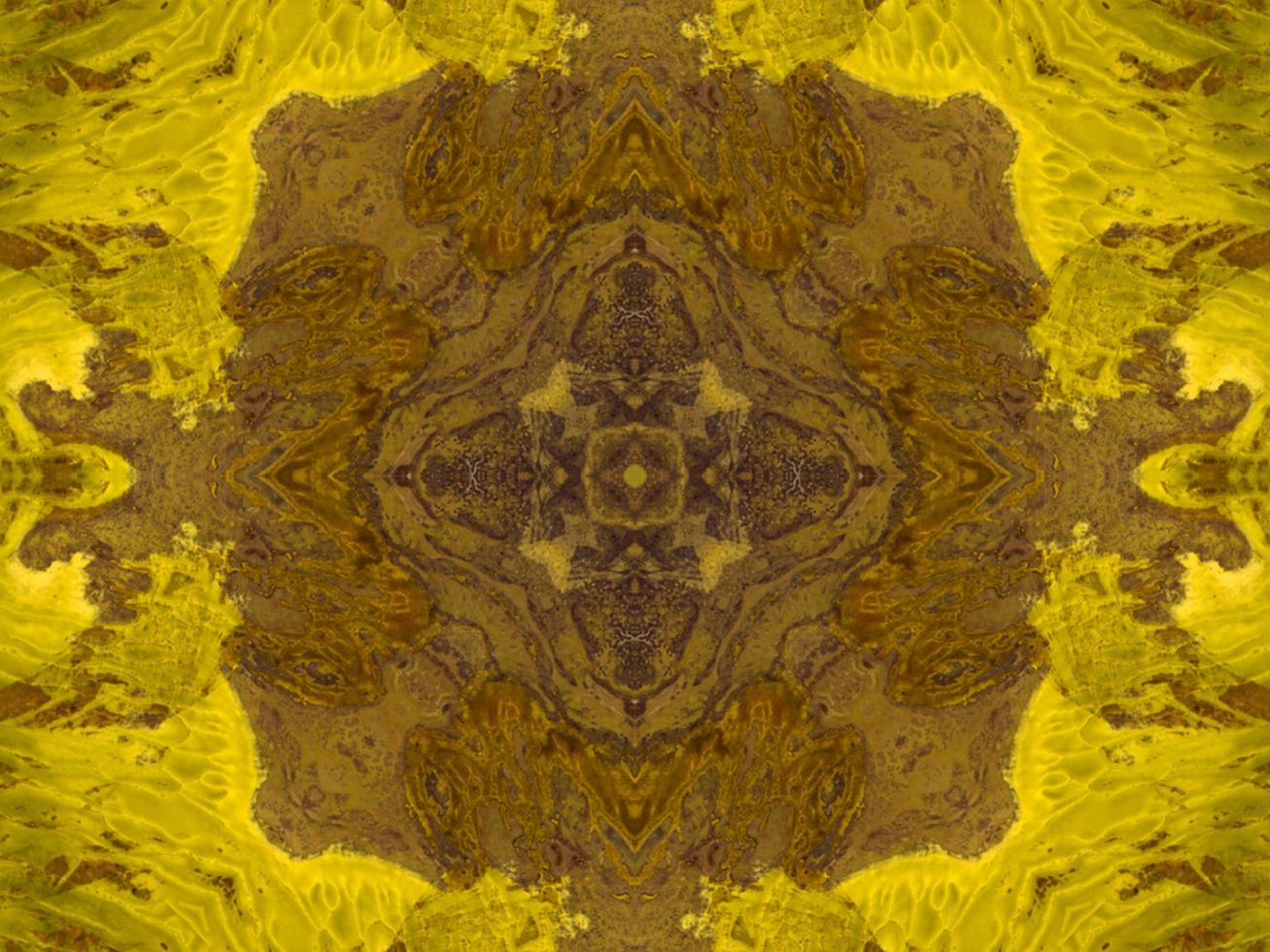 Reflection of colorful flowers in kaleidoscope pattern. Yellow and blue abstract background. Free photo. photo