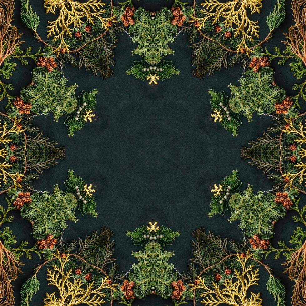 Dark green abstract rectangular background. Spruce kaleidoscope pattern. Free background. photo