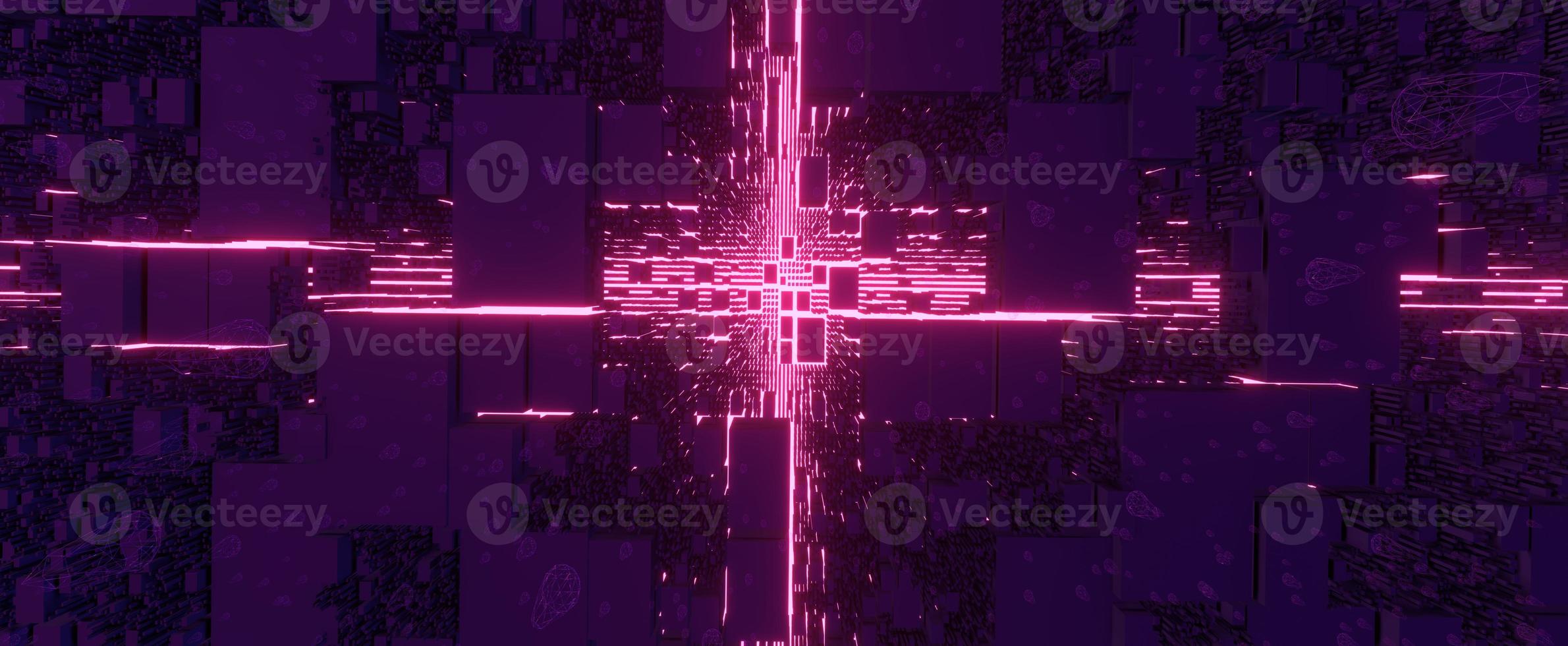 Futuristic neon city board with digital rain. Cyber matrix with glowing purple energy and 3d render with falling mesh drops. Virtual metropolis database downloading streams of information photo