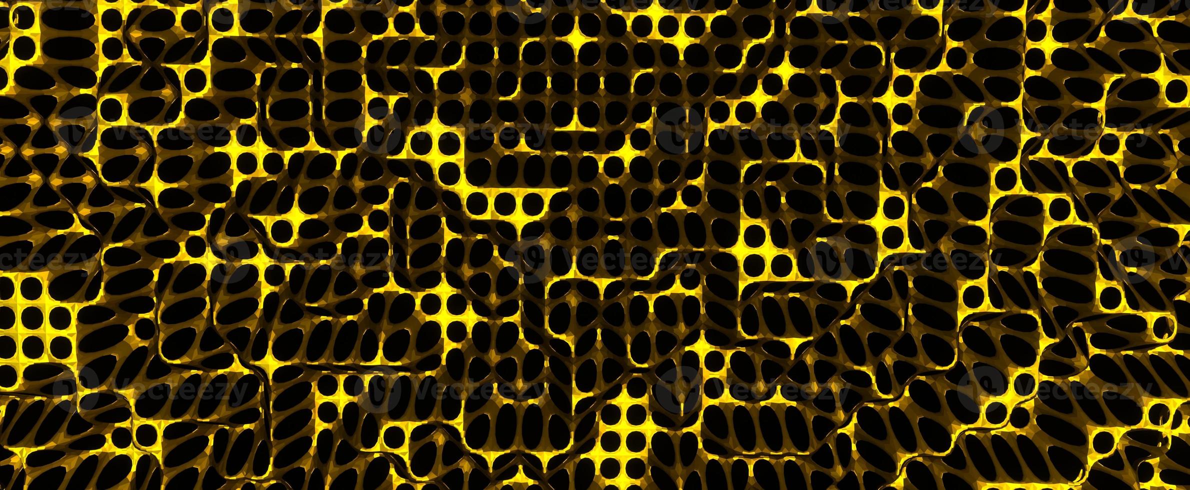 metal chapado en oro con agujeros. placa con tracería redonda amarilla y representación 3d de la superficie desgastada de vez en cuando. malla de bronce desgastada con pulido degradado y parches oxidados de texturas foto