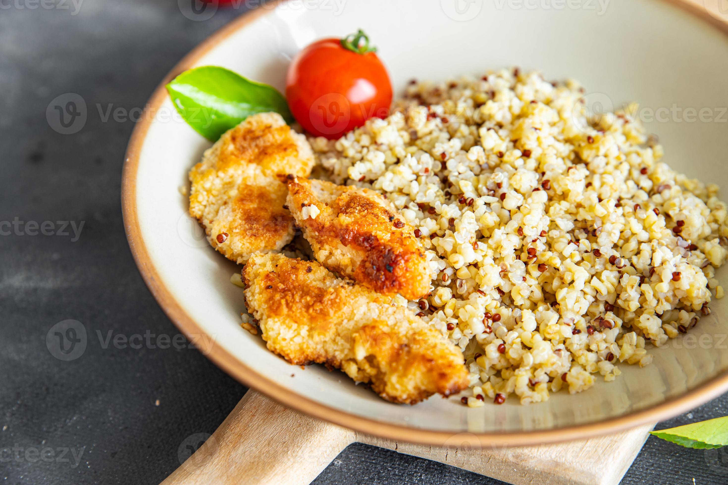 porridge bulgur quinoa breaded chicken breadcrumbs baked poultry meat