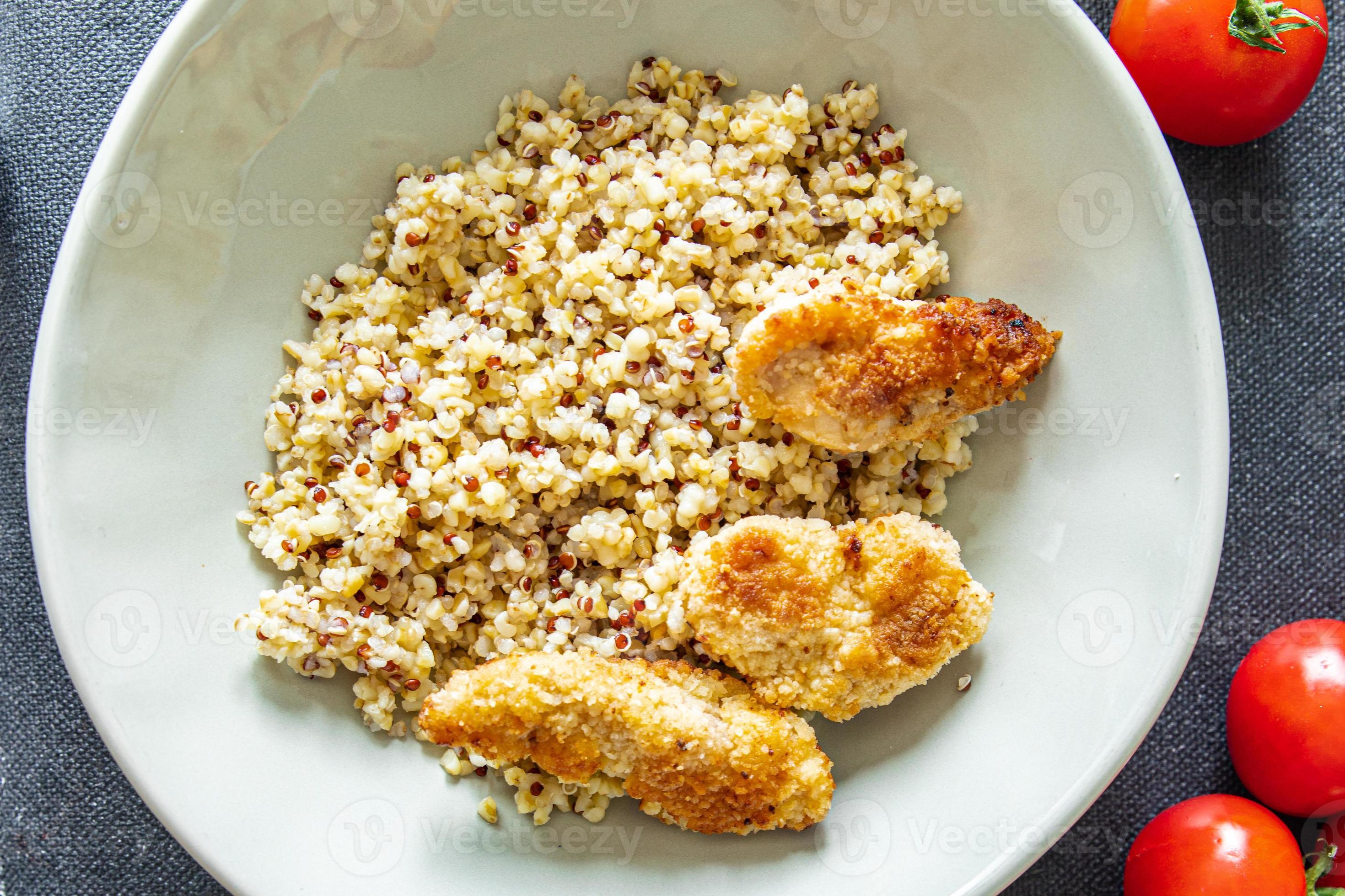 porridge bulgur quinoa breaded chicken breadcrumbs baked poultry meat