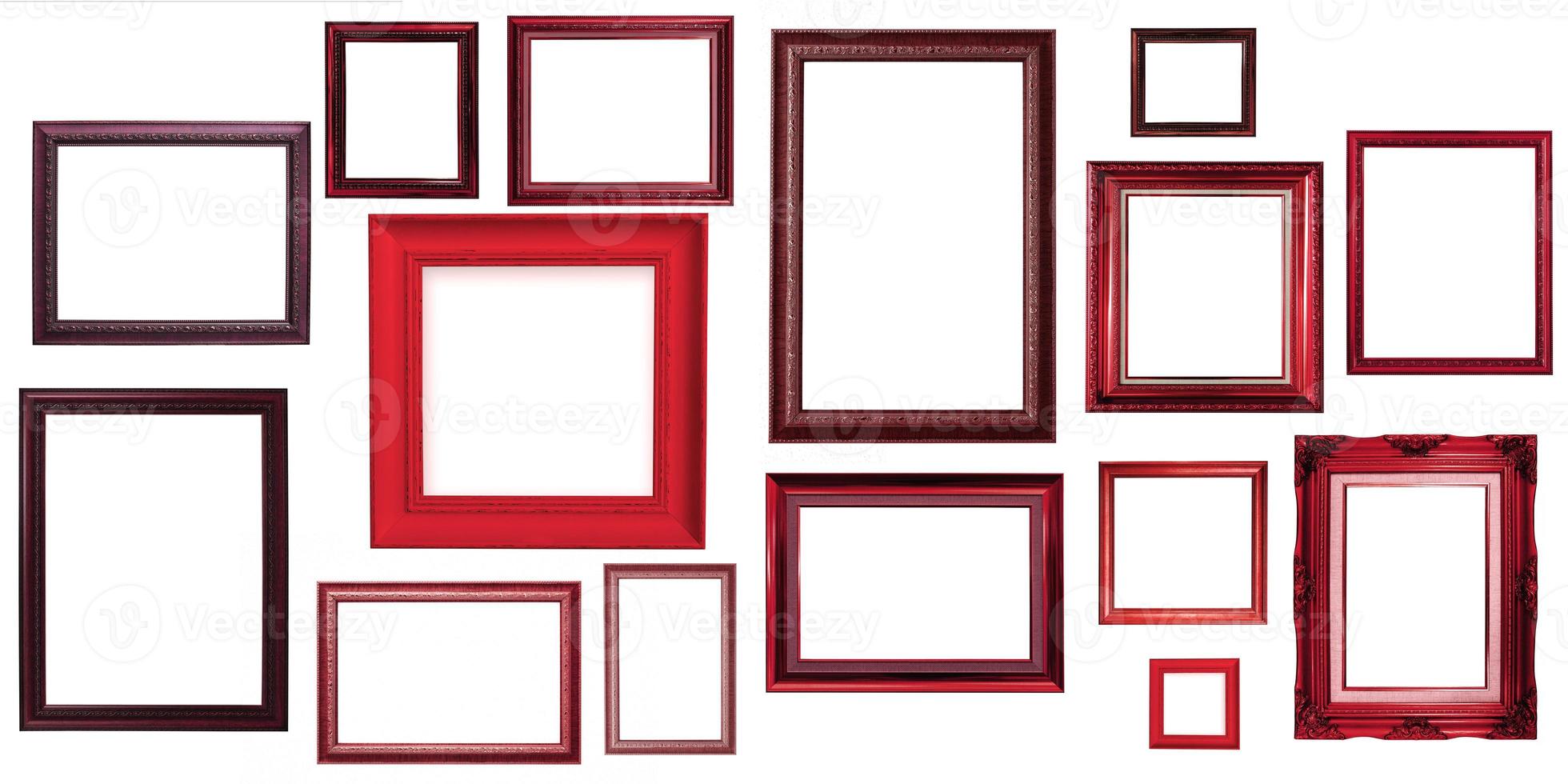 Old red wooden frame isolated on white background. photo