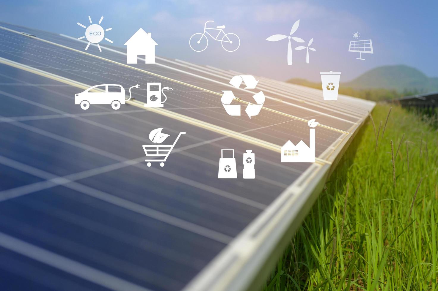 Background of Photovoltaic Cell Farm or Solar Panels Field, eco friendly and clean energy. photo