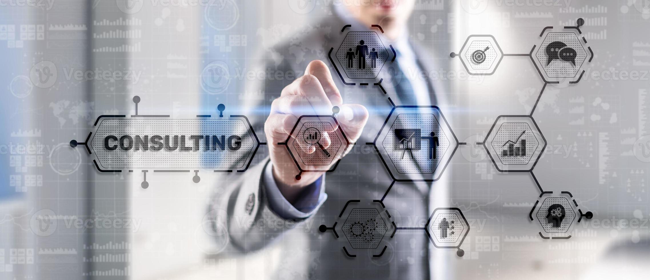 Consulting concept. Man pressing 3d icon consulting photo
