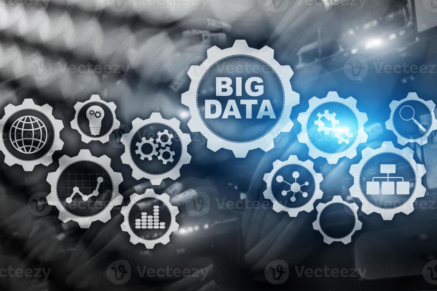 Big Data Concept of hi tech and innovation in business and production. Virtual screen on data center server background photo