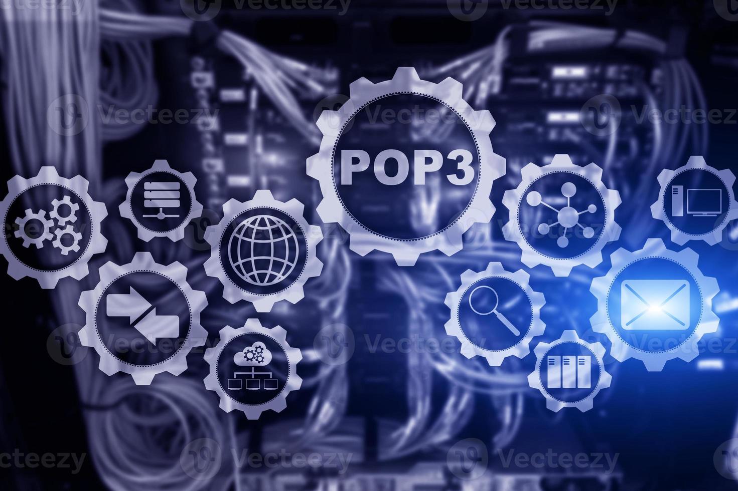 POP3. Post Office Protocol Version 3. Standard internet protocol on datacenter background photo